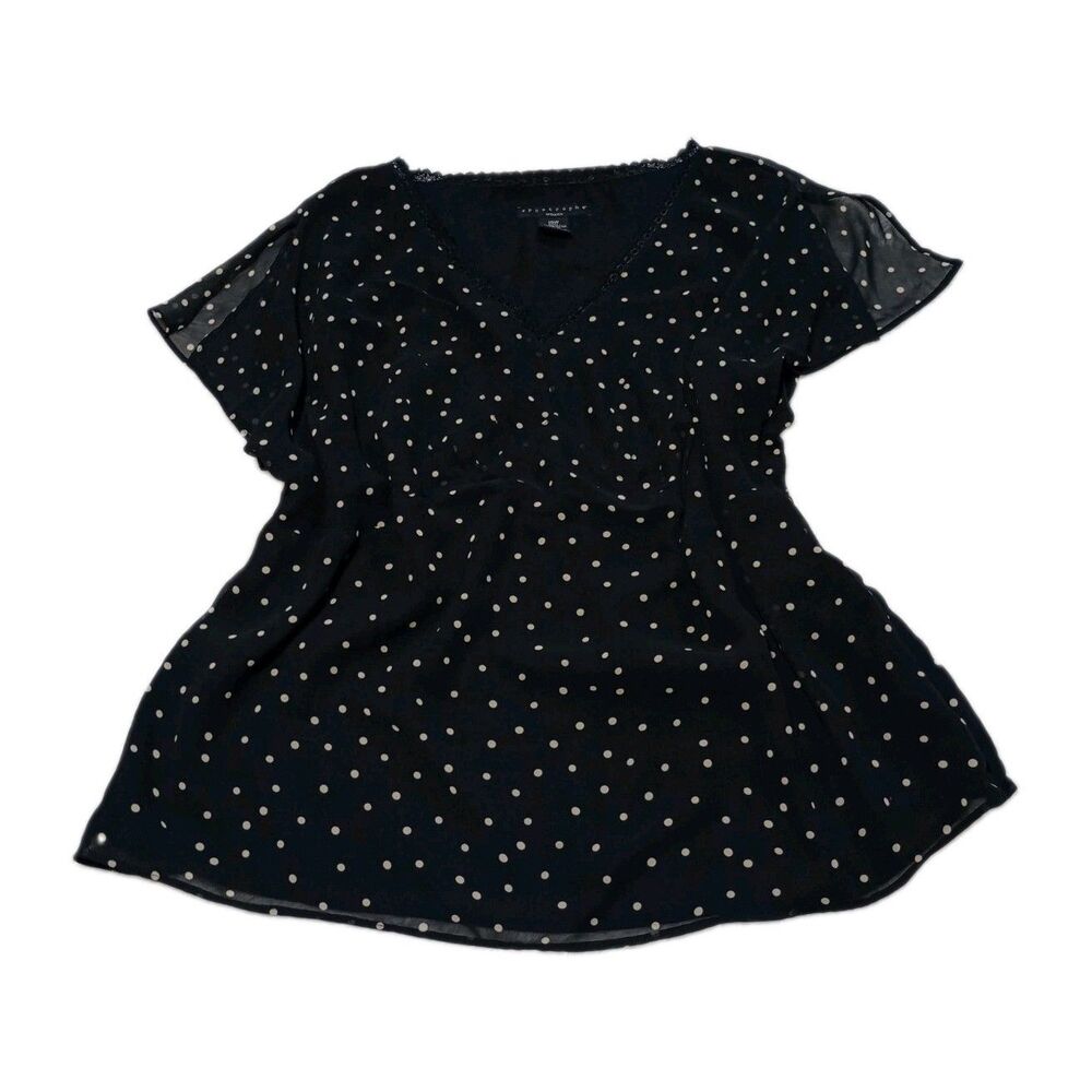Apostrophe Woman 16W Black Polka Dot Chiffon Blouse Flutter Sleeve Crochet Trim